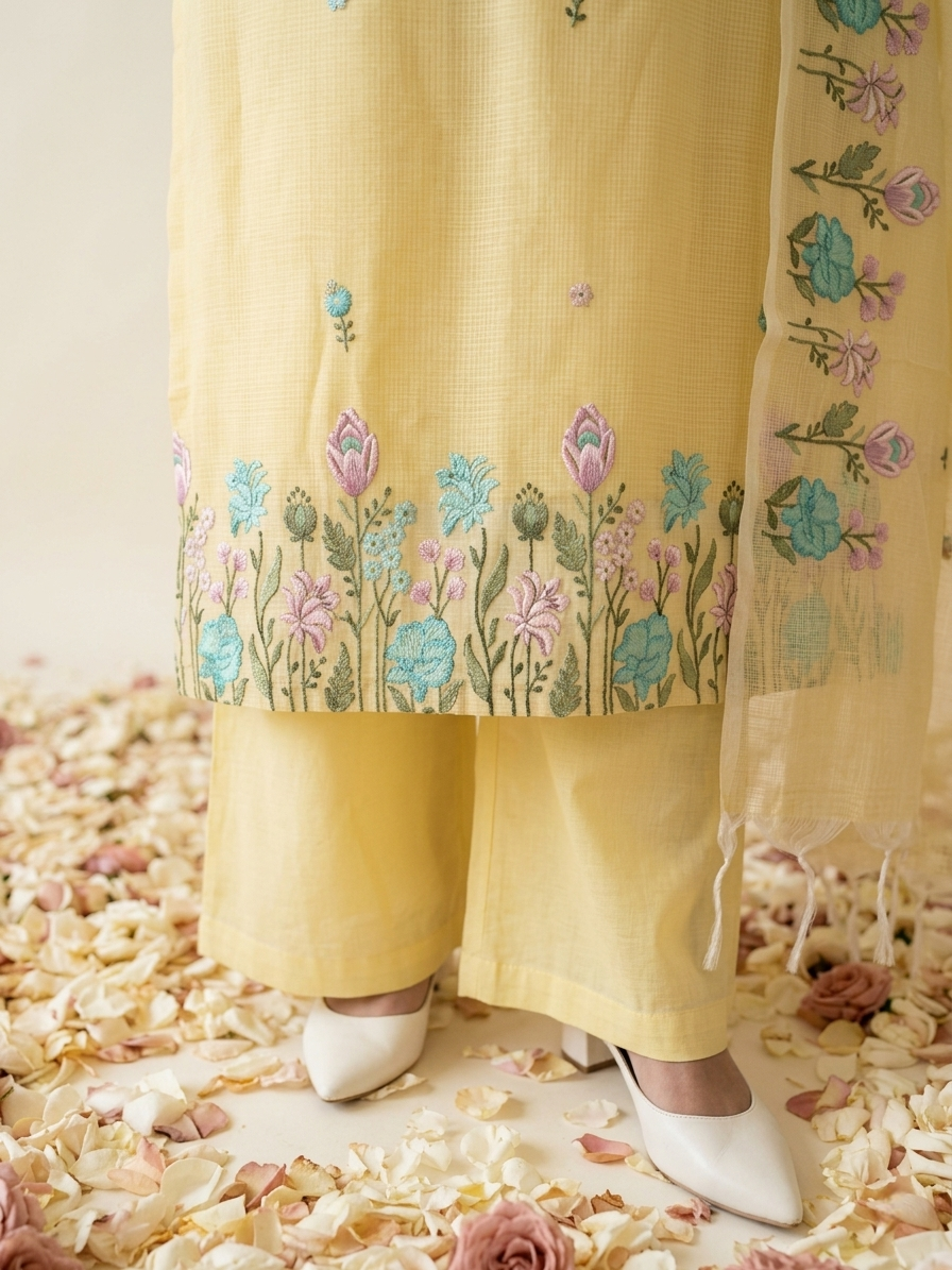 Yellow Kota Doria kurta set with hand embroidery and sheer dupatta