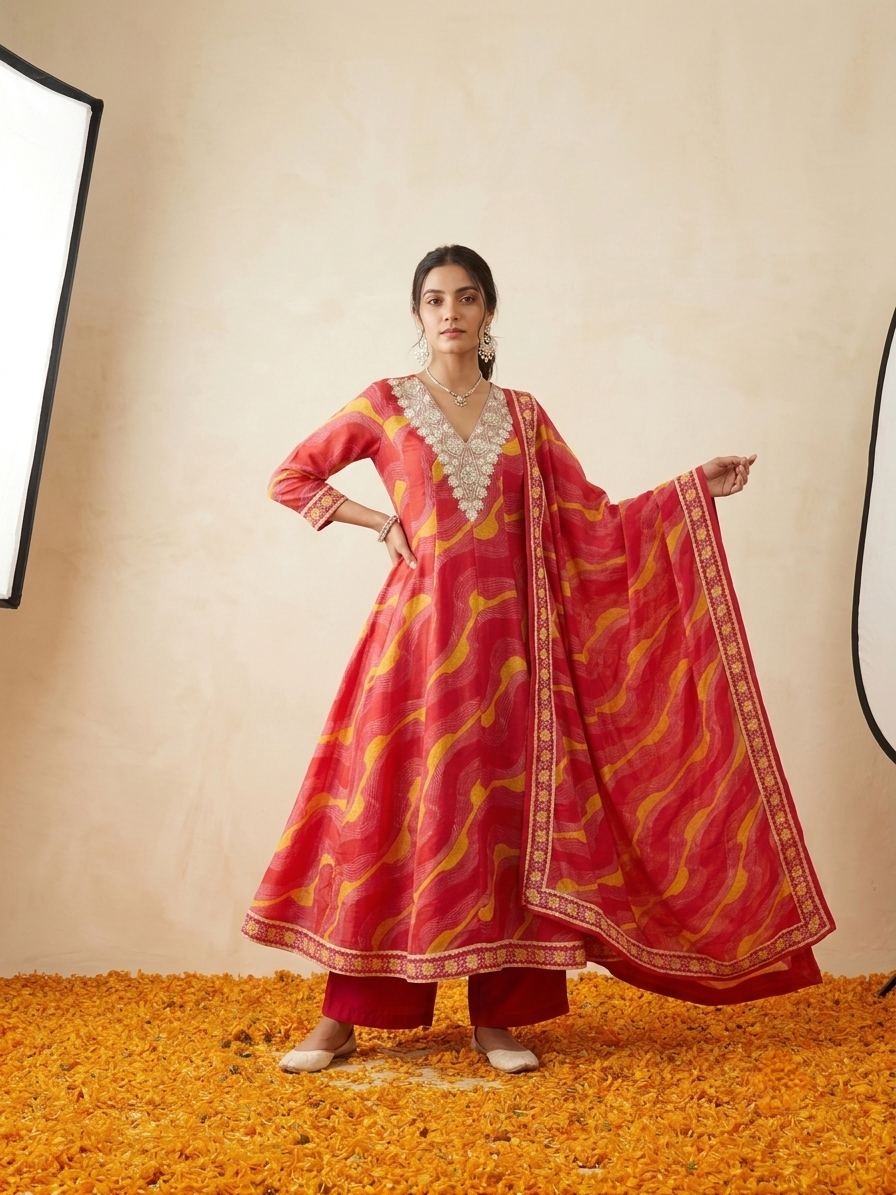 Pure Muslin Leheriya Anarkali Kurta Set - Pink