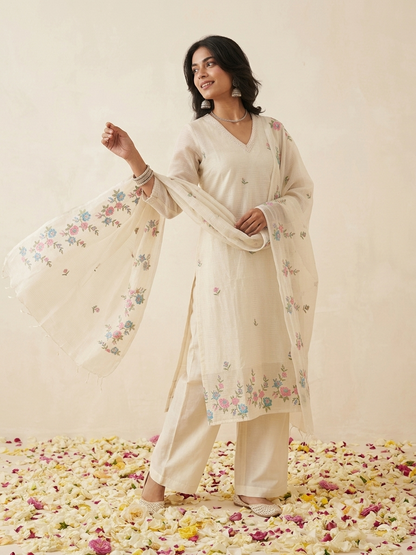 Kota Doria Straight Embroidered Suit - Off White