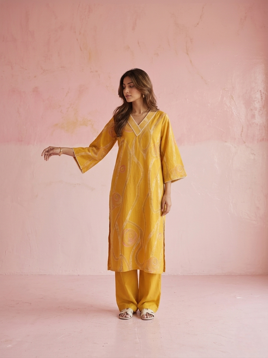 Yellow cotton kurta set with abstract print