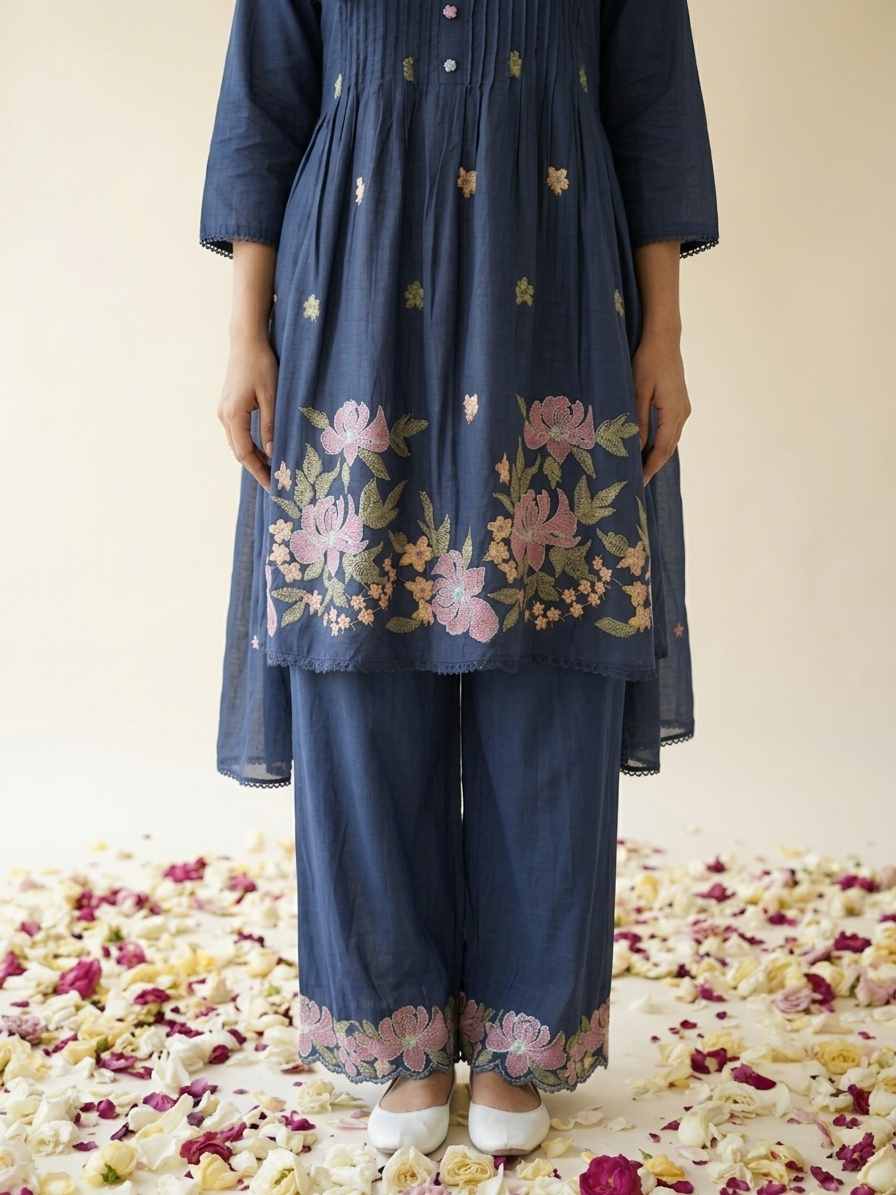 Floral embroidered kurta set with pants and dupatta in mustard, pink and navy blue