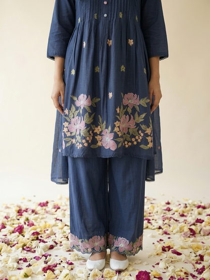 Floral embroidered kurta set with pants and dupatta in mustard, pink and navy blue