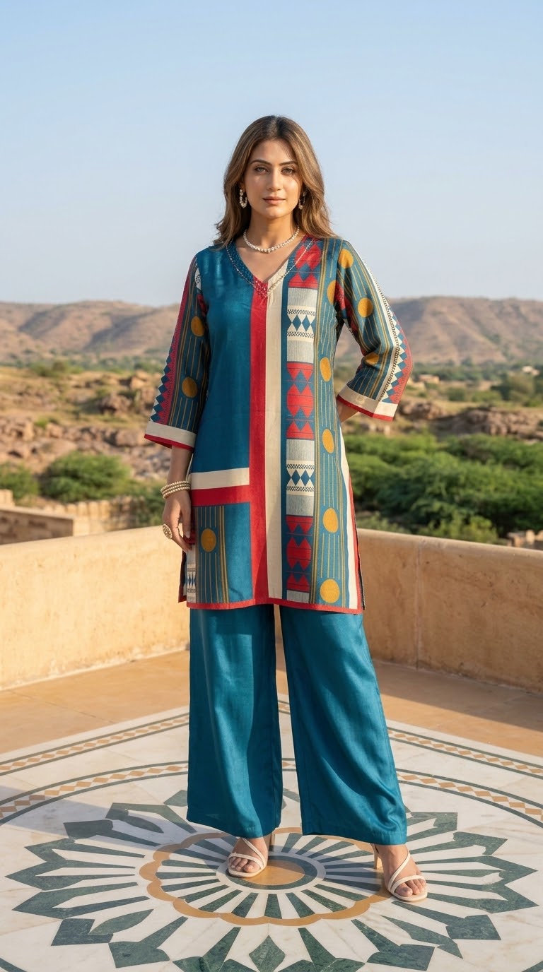 Blue printed Muslin co-ord set with Pakistani-style sleeves and matching wide-leg pants