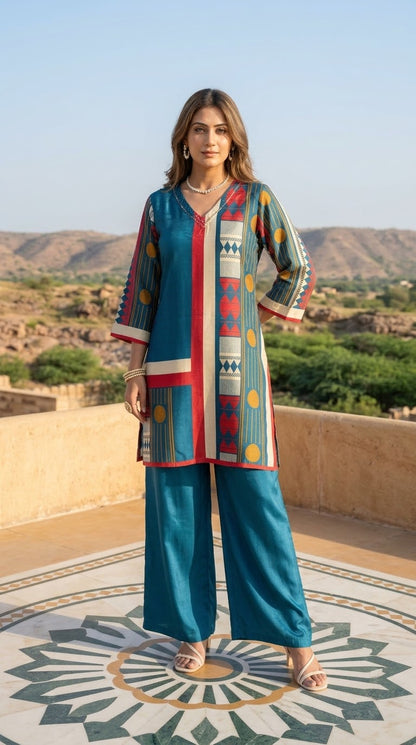 Blue printed Muslin co-ord set with Pakistani-style sleeves and matching wide-leg pants