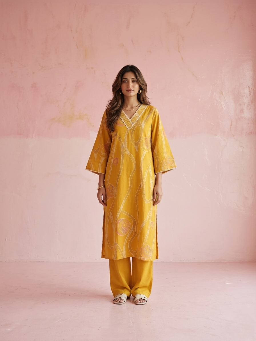 Yellow cotton kurta set with abstract print