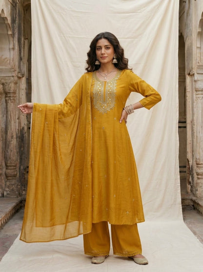 Banarasi Mul Chanderi 3-piece suit set with mirror work A-line kurta, pants and dupatta