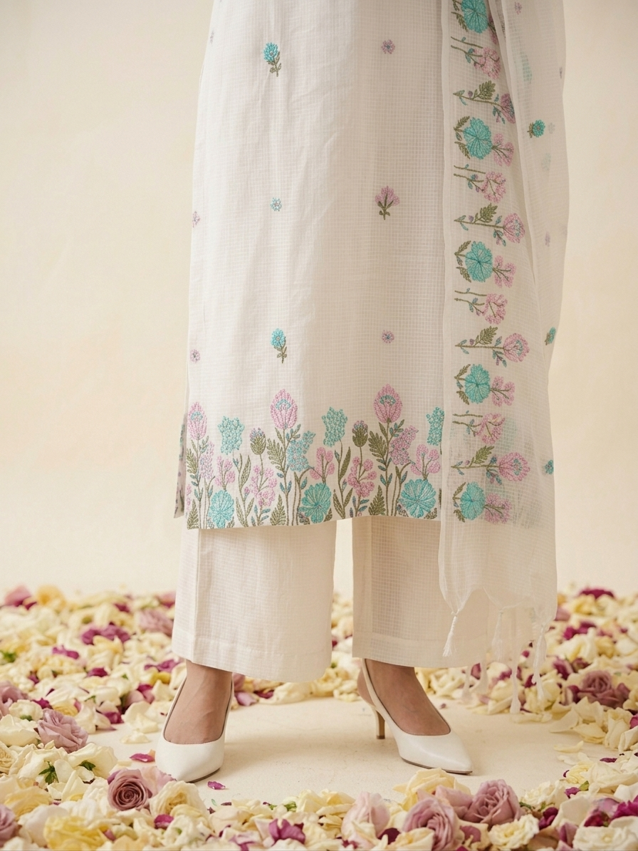 White Kota Doria kurta set with hand embroidery and sheer dupatta
