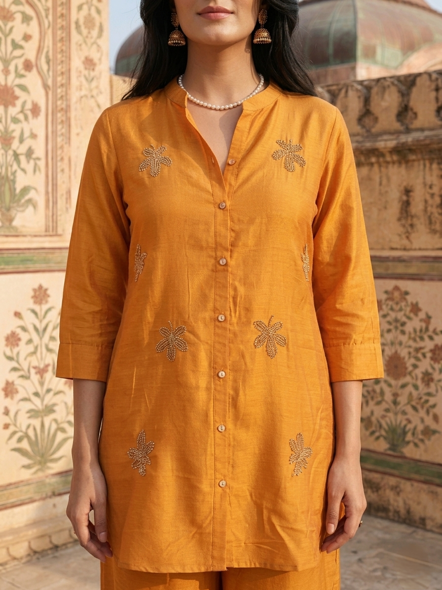 Women wearing Russian Silk Mustard co-ord set with golden leaf embroidery