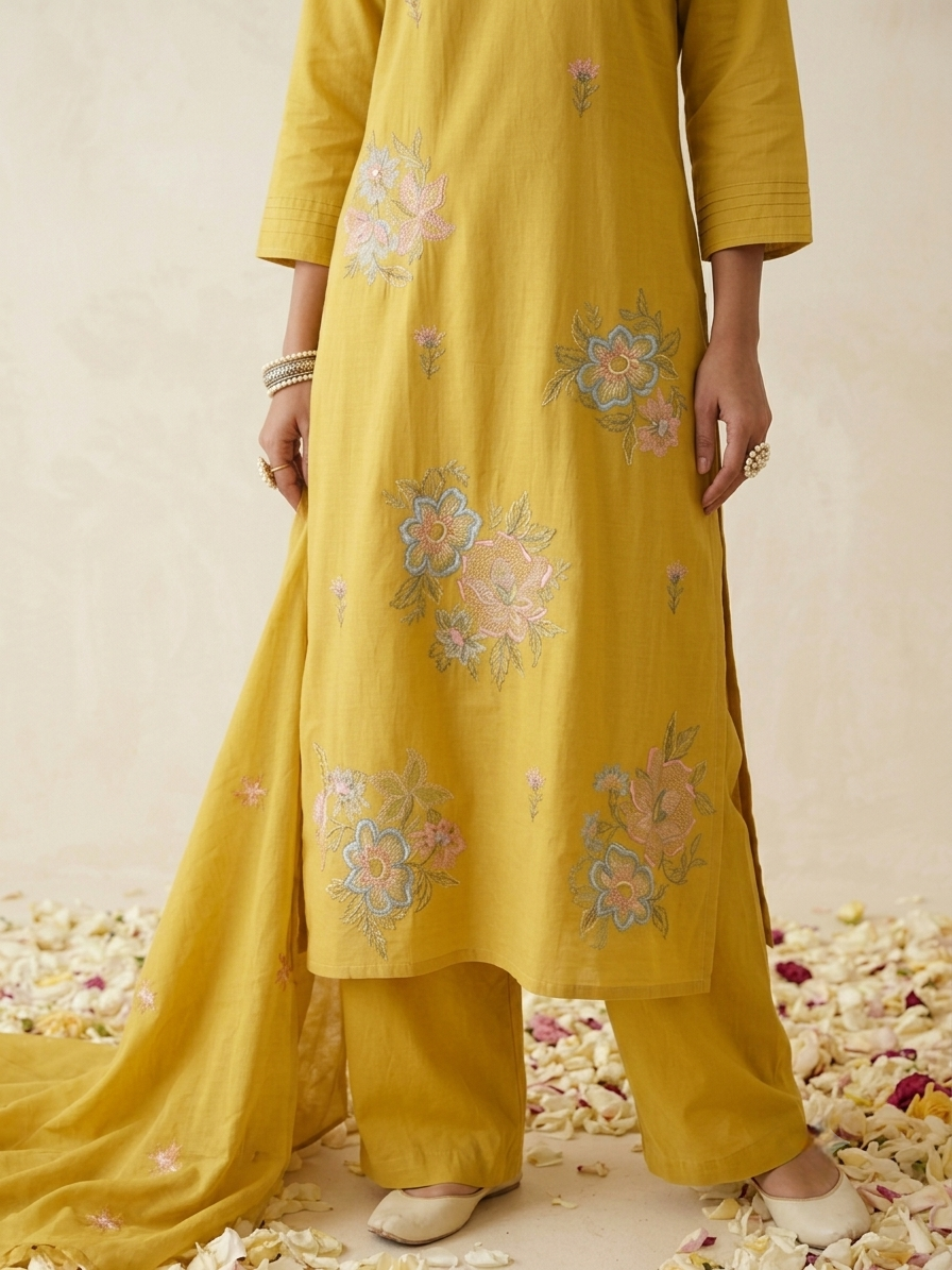 Women's pure cotton embroidered suit set with floral embroidery, cotton mulmul dupatta and matching cotton pants by Fabculture