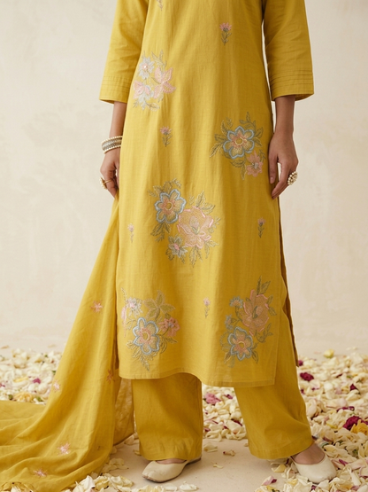 Women's pure cotton embroidered suit set with floral embroidery, cotton mulmul dupatta and matching cotton pants by Fabculture
