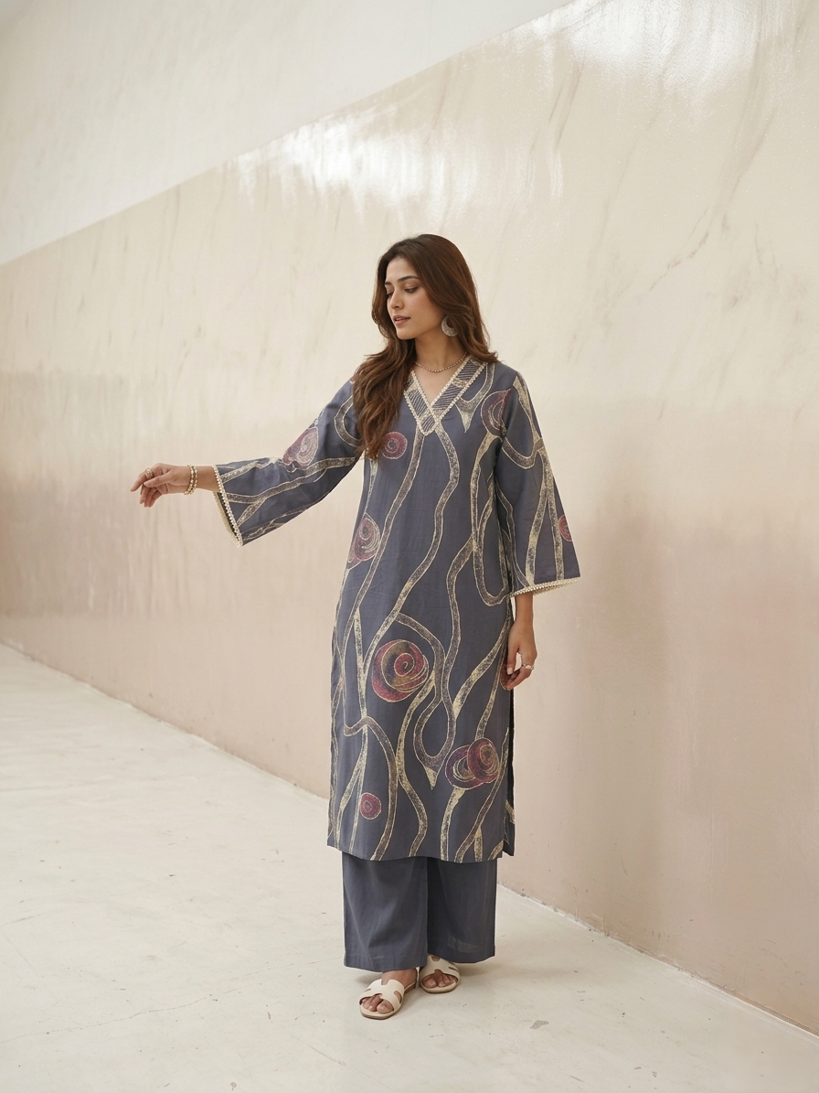 Purple cotton kurta set with abstract print