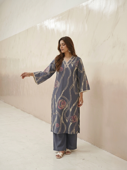 Purple cotton kurta set with abstract print