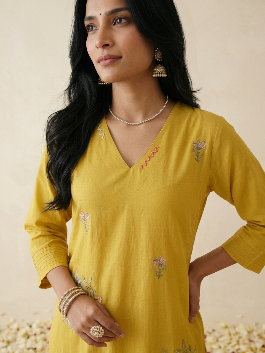 Women's pure cotton embroidered suit set with floral embroidery, cotton mulmul dupatta and matching cotton pants by Fabculture