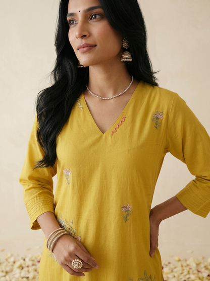 Women's pure cotton embroidered suit set with floral embroidery, cotton mulmul dupatta and matching cotton pants by Fabculture