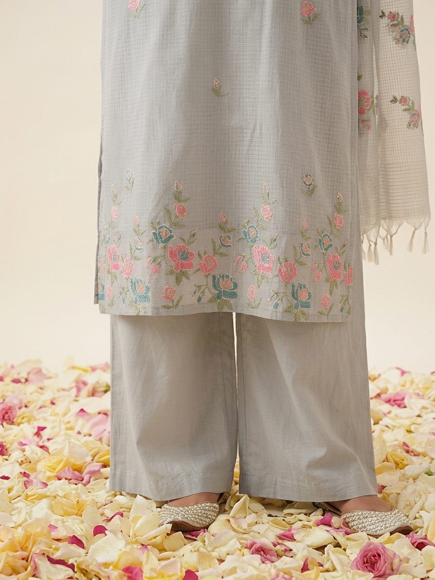 Powder Blue Kota doria straight suit with embroidery