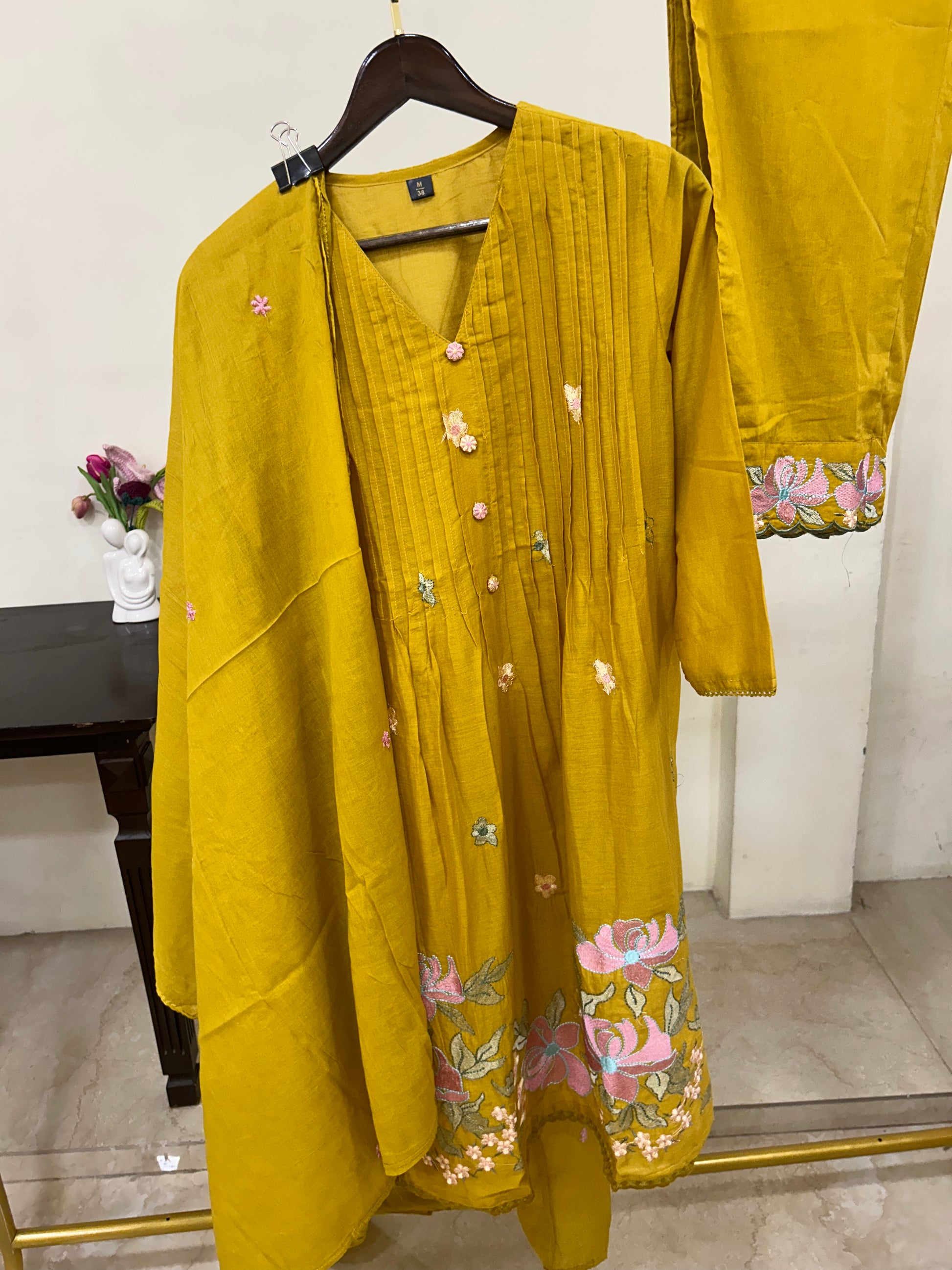 Floral embroidered kurta set with pants and dupatta in mustard, pink and navy blue