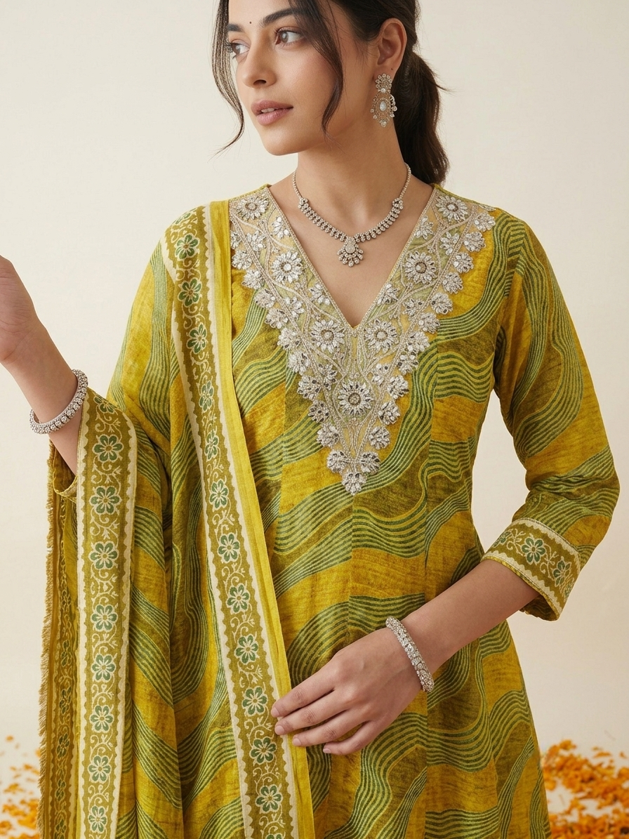 Pure Muslin Leheriya Anarkali Kurta Set - Yellow