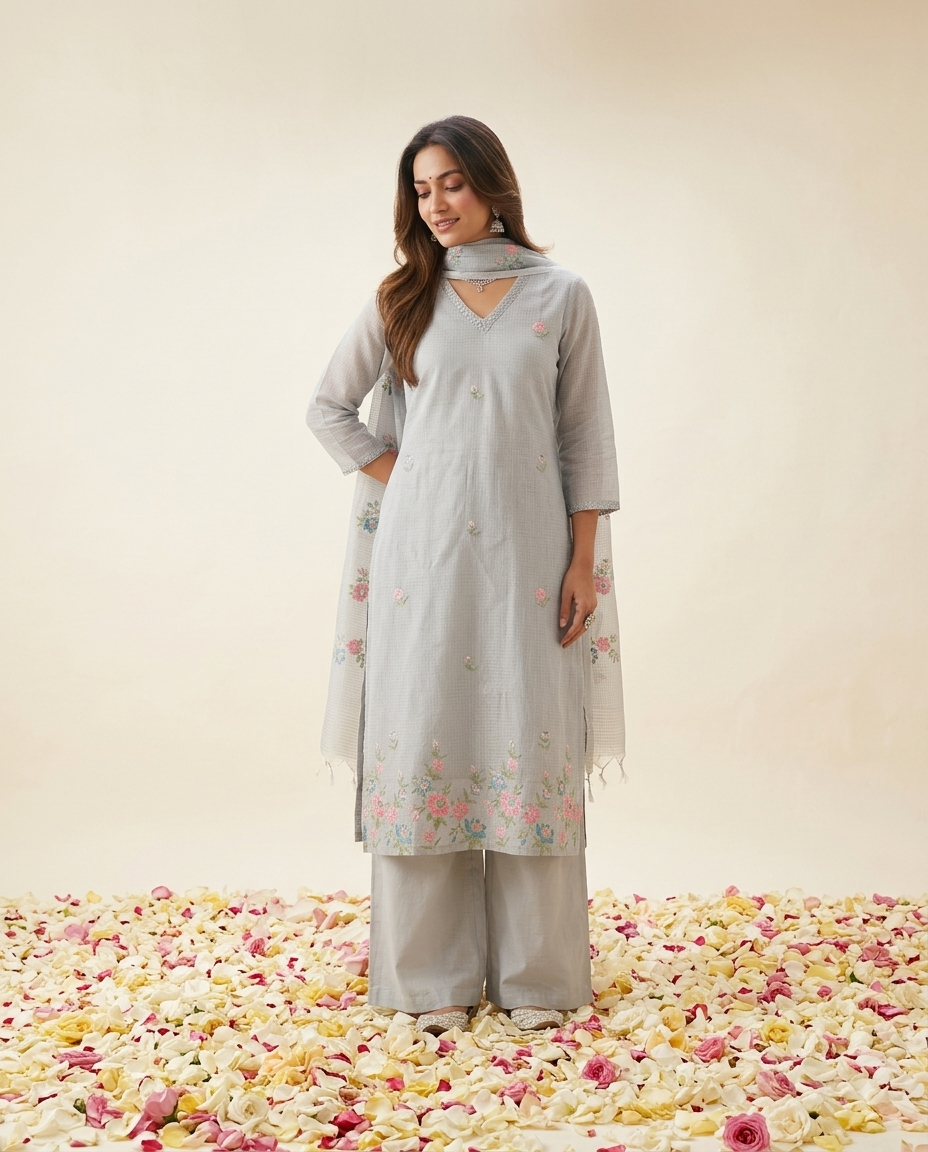 Powder Blue Kota doria straight suit with embroidery