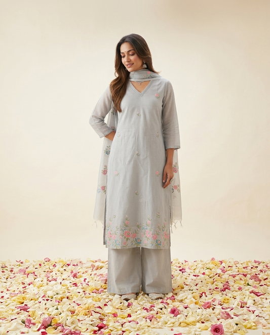 Powder Blue Kota doria straight suit with embroidery 
