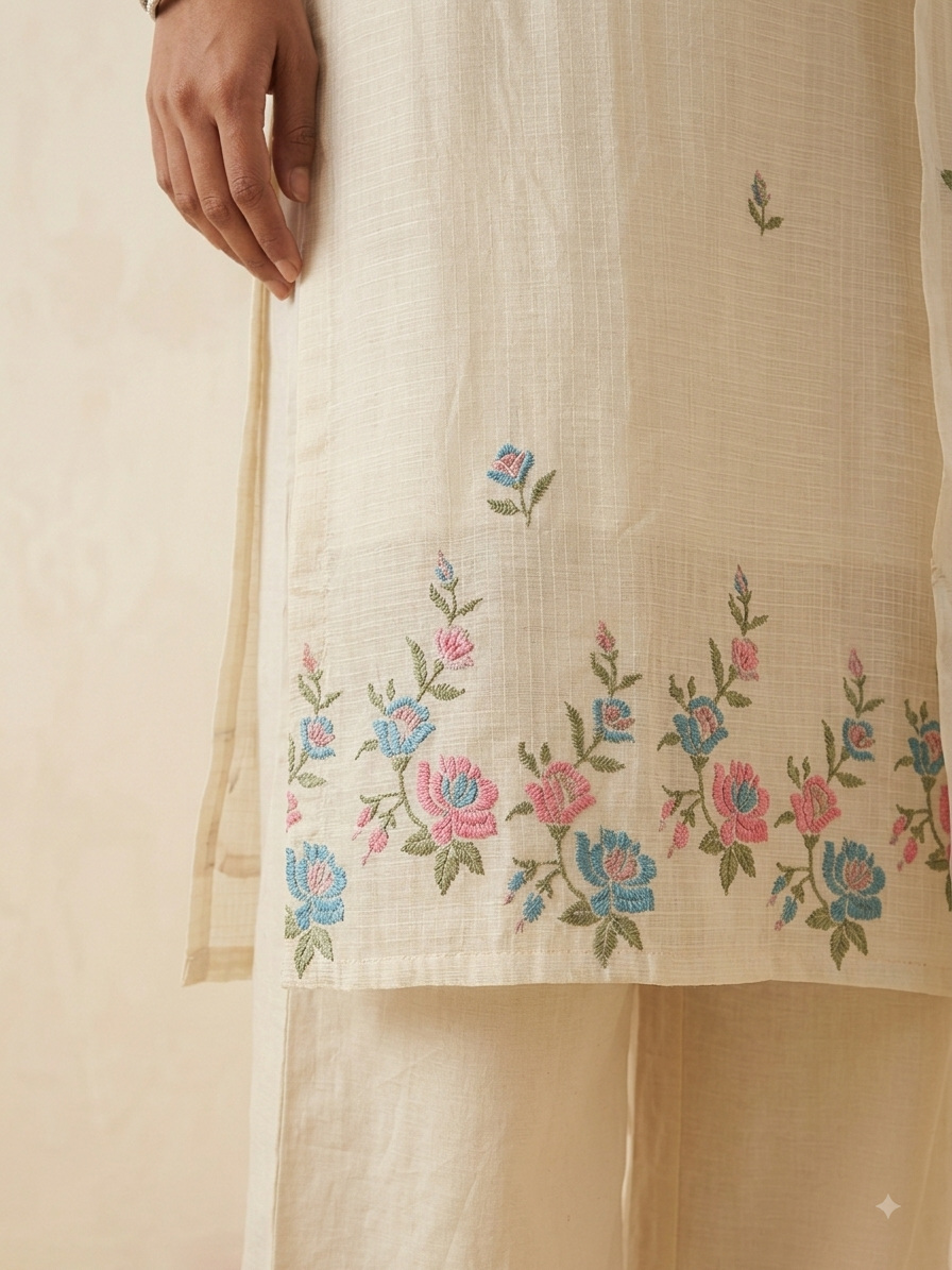 Kota Doria Straight Embroidered Suit - Off White