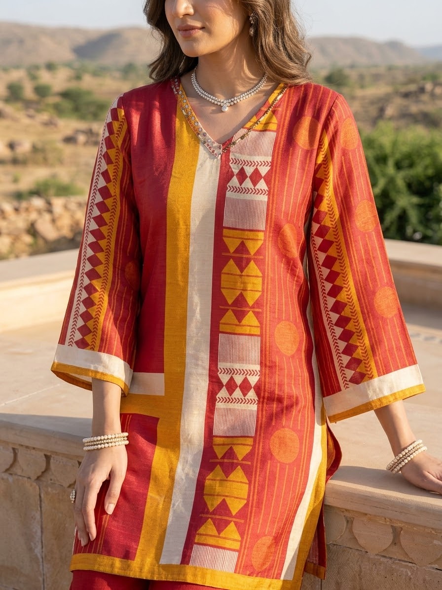 Orange and Red printed Muslin co-ord set with Pakistani-style sleeves and matching wide-leg pants