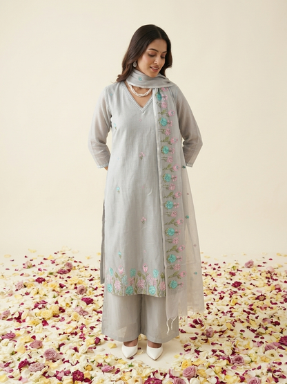 Blue Kota Doria kurta set with floral embroidery and matching dupatta