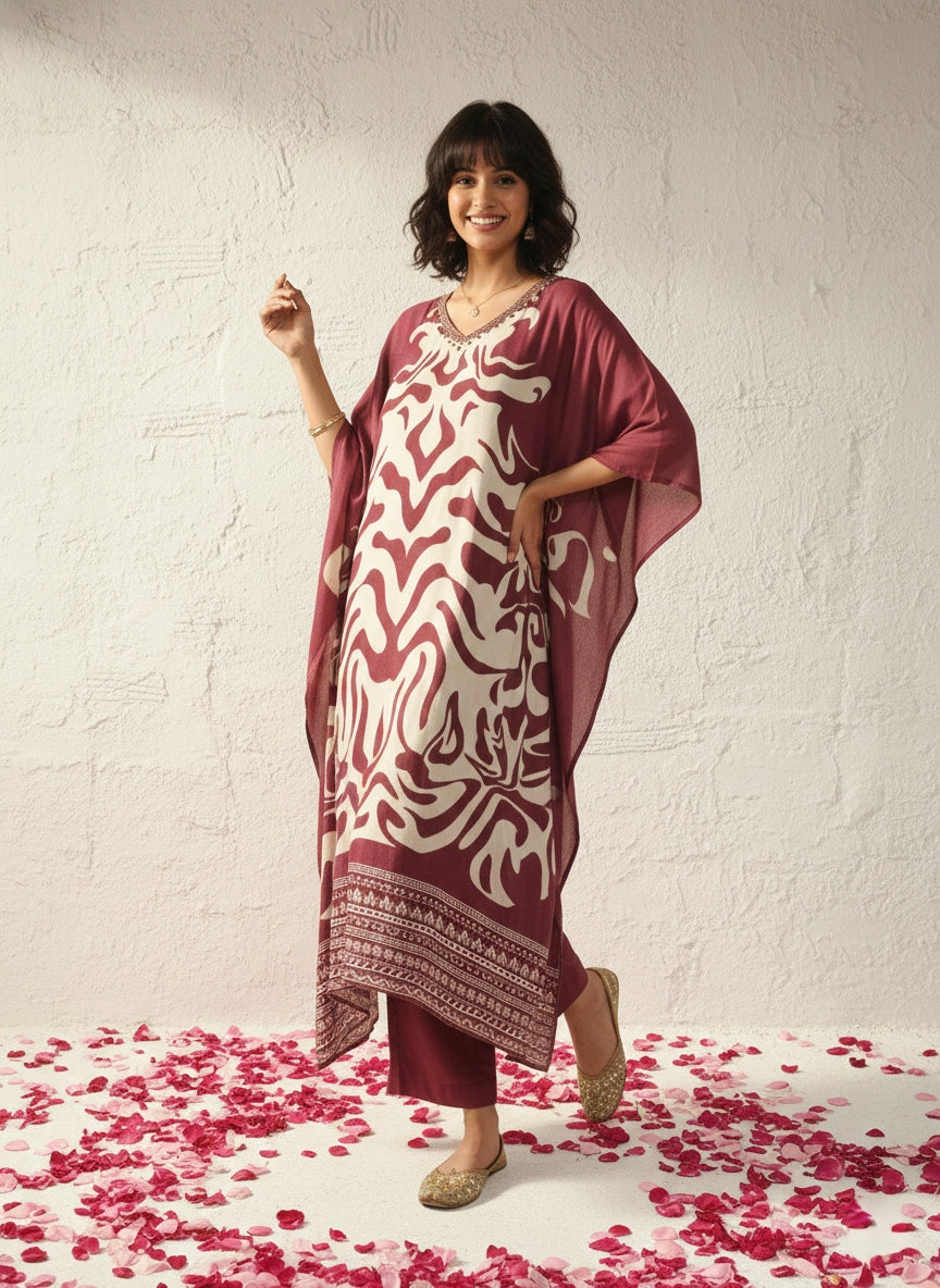 Marbel Muslin Kaftan Set - wine
