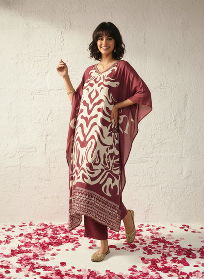 Marbel Muslin Kaftan Set - wine