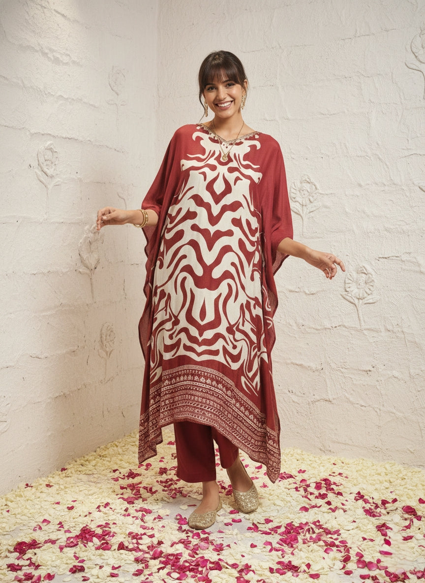 Marbel Muslin Kaftan Set - maroon