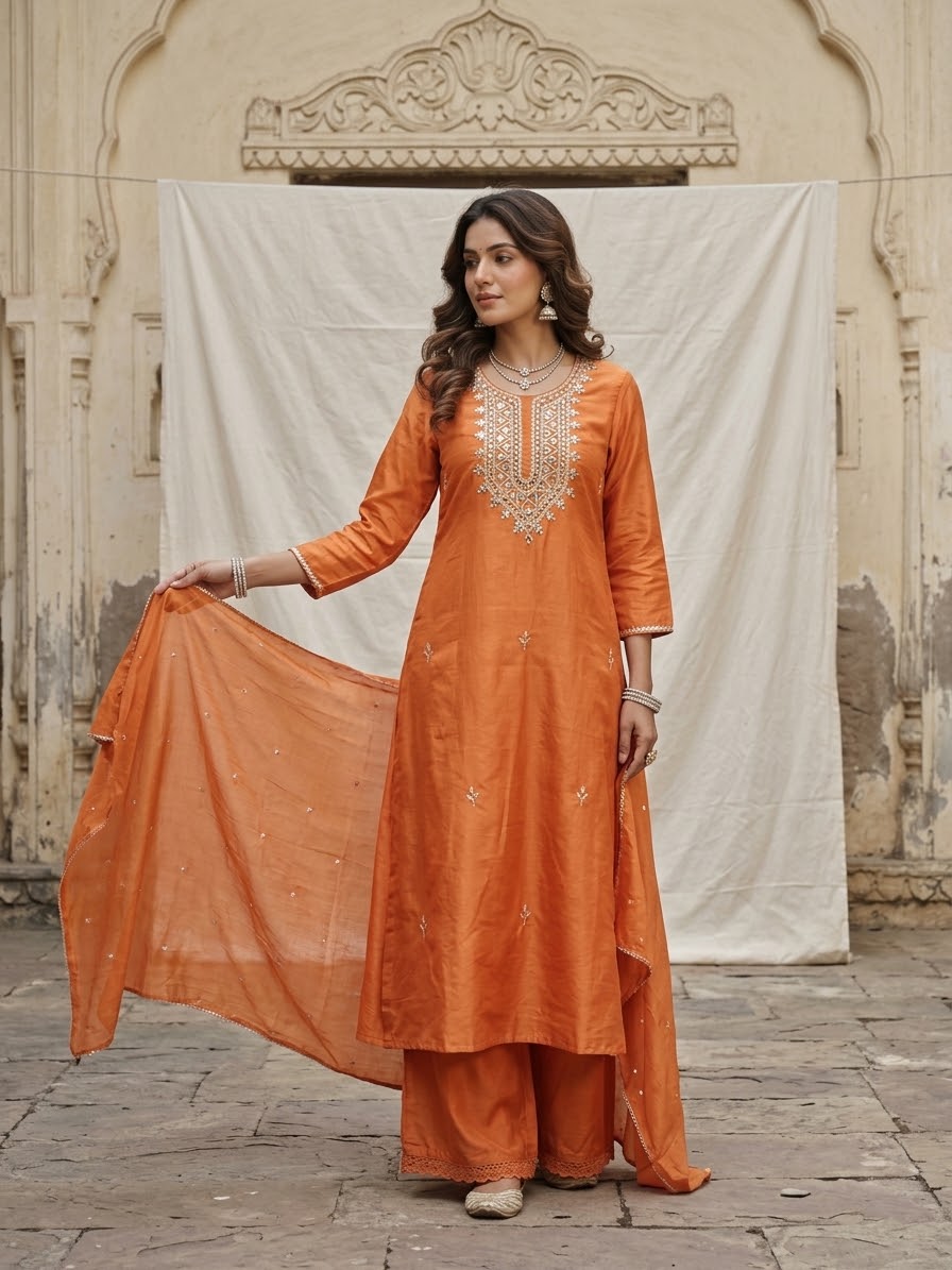 Banarasi Mul Chanderi 3-piece suit set with mirror work A-line kurta, pants and dupatta