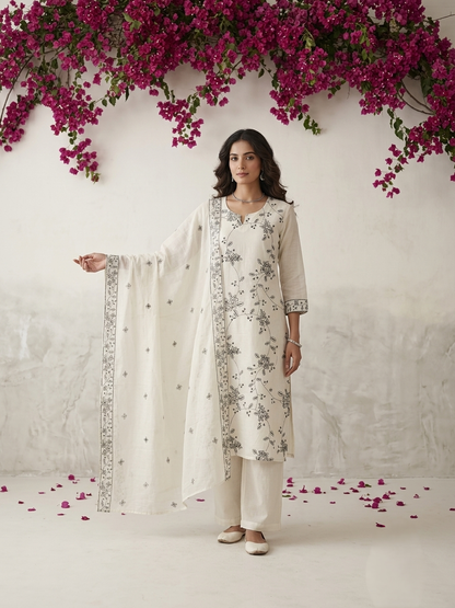 White cotton floral Petal printed kurta set which includes kurta, dupatta and pants 