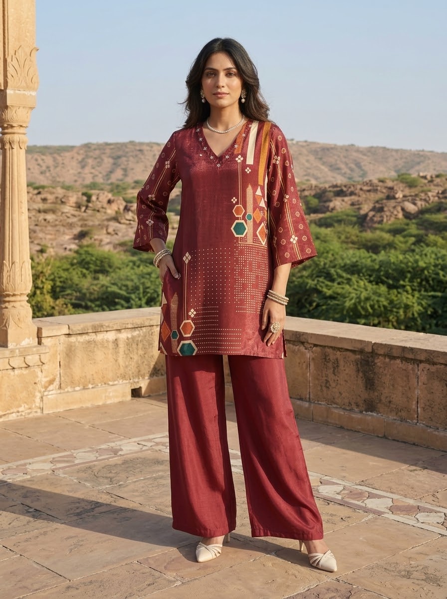 Maroon printed Muslin co-ord set with Pakistani-style flared sleeves and wide-leg pants