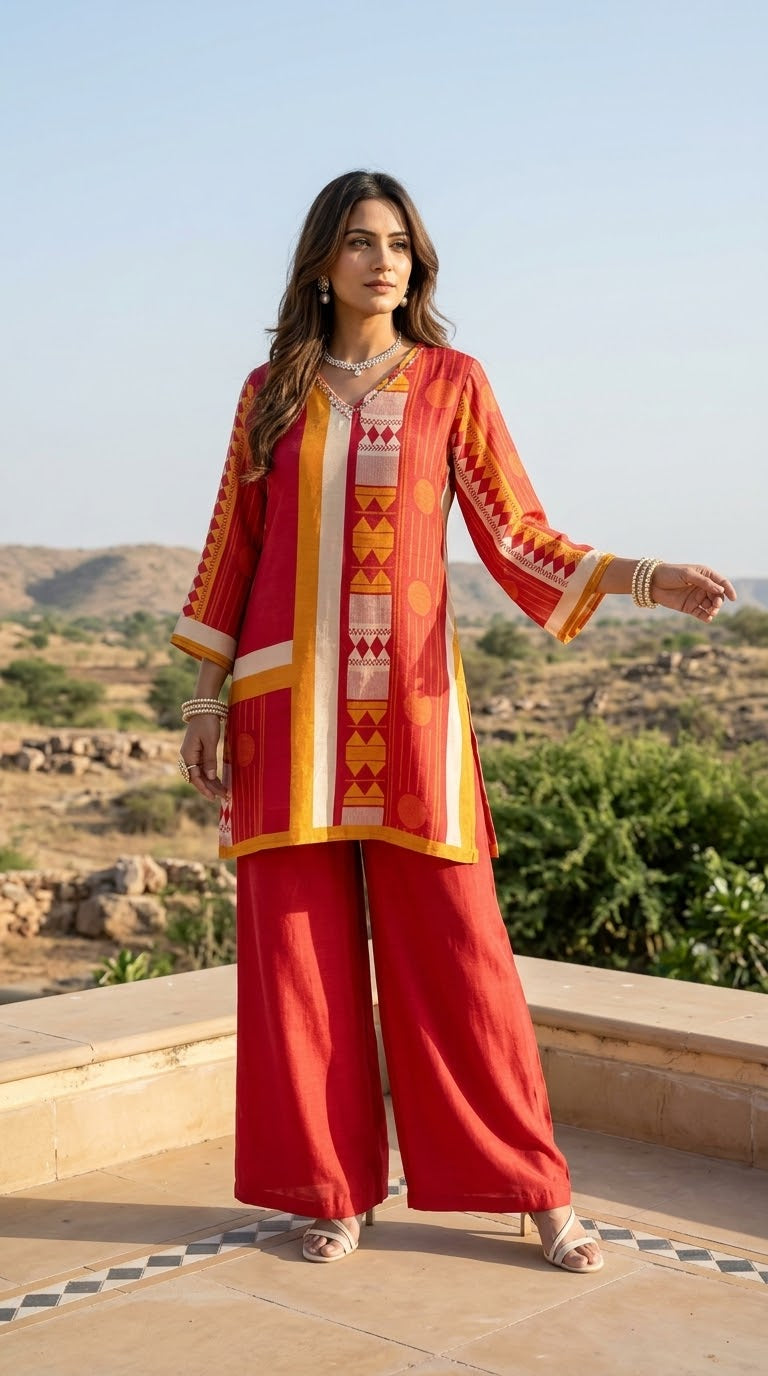 Orange and Red printed Muslin co-ord set with Pakistani-style sleeves and matching wide-leg pants