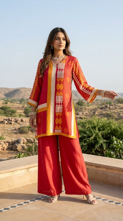 Orange and Red printed Muslin co-ord set with Pakistani-style sleeves and matching wide-leg pants