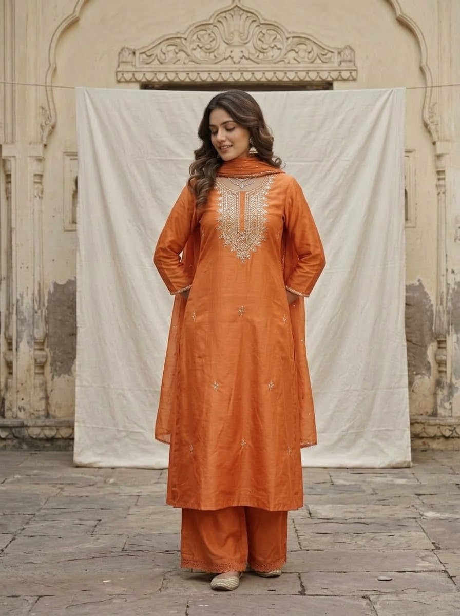 Banarasi Mul Chanderi 3-piece suit set with mirror work A-line kurta, pants and dupatta