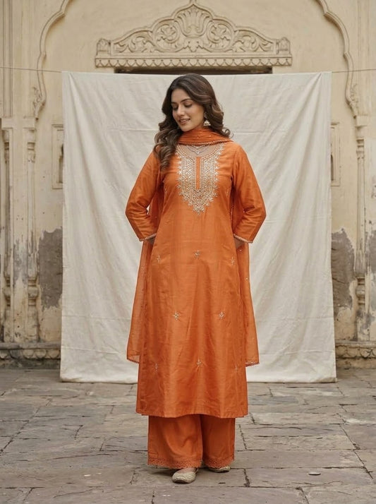 Banarasi Mul Chanderi 3-piece suit set with mirror work A-line kurta, pants and dupatta