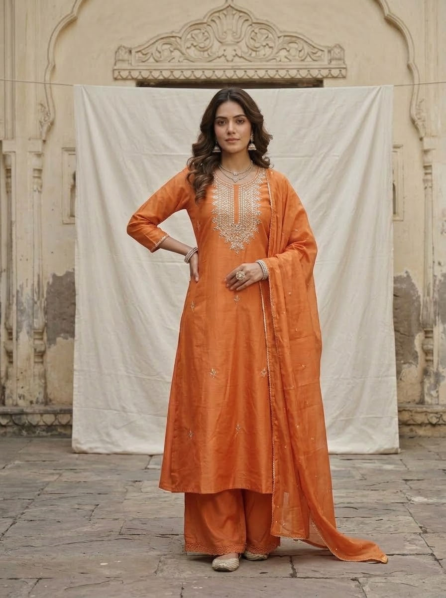 Banarasi Mul Chanderi 3-piece suit set with mirror work A-line kurta, pants and dupatta