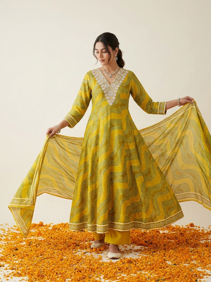 Pure Muslin Leheriya Anarkali Kurta Set - Yellow