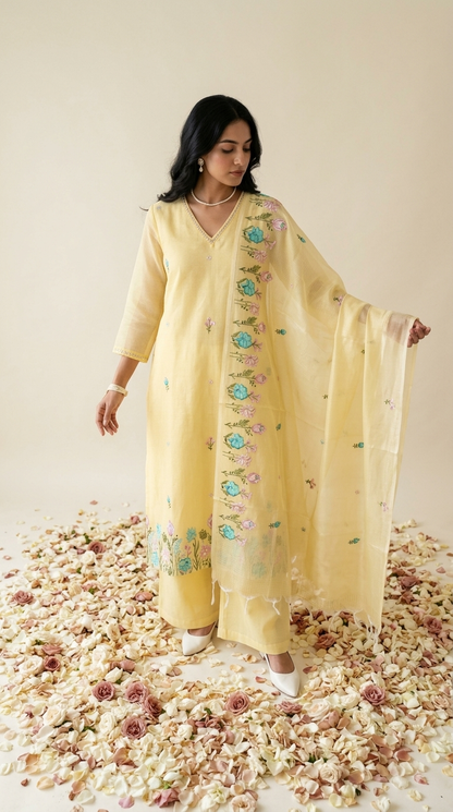 Yellow Kota Doria kurta set with hand embroidery and sheer dupatta