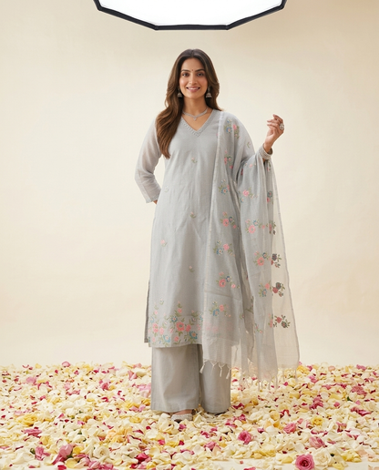 Powder Blue Kota doria straight suit with embroidery