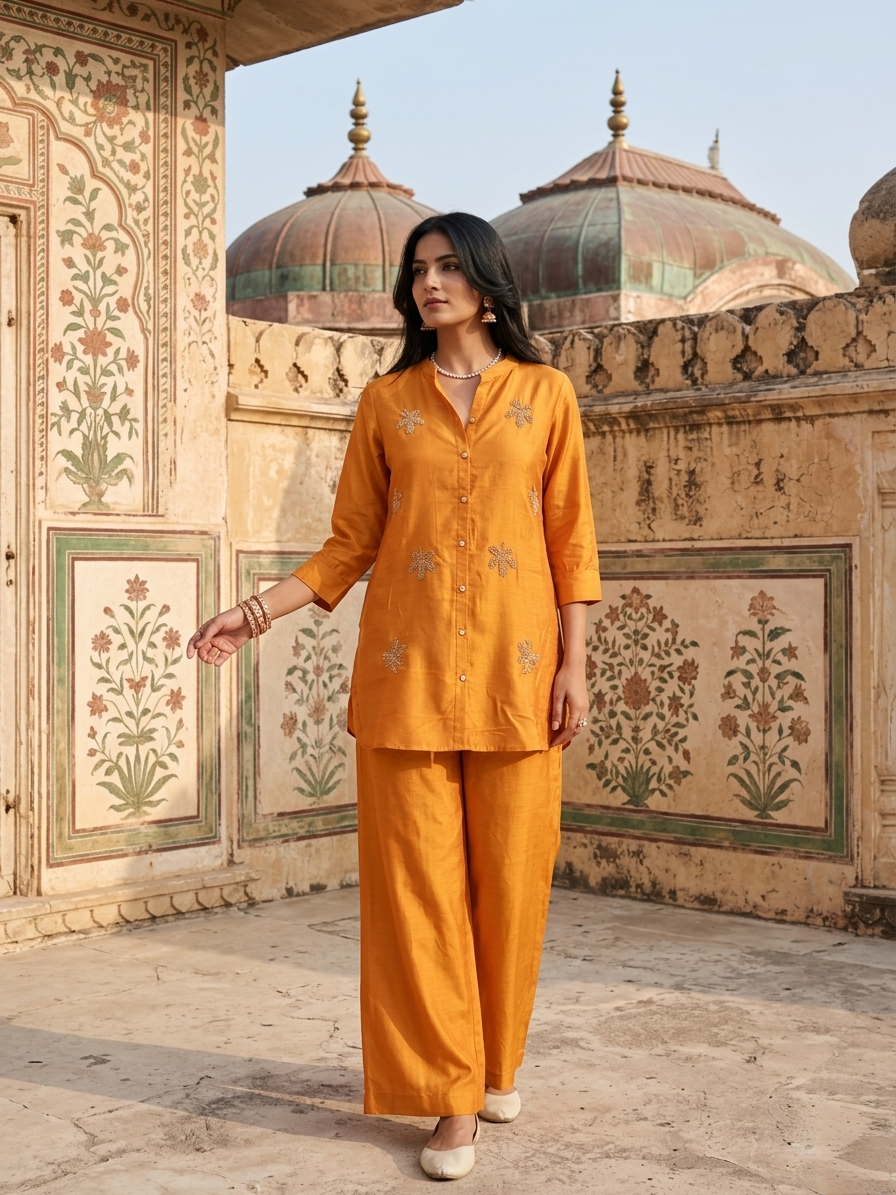 Women wearing Russian Silk mustard co-ord set with golden leaf embroidery