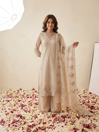 Kota Doria Straight Embroidered Suit - Blush Pink