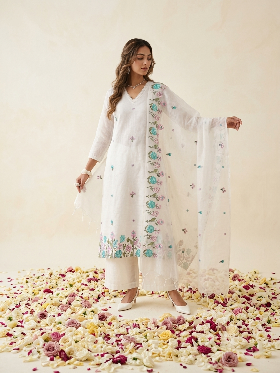 White Kota Doria kurta set with hand embroidery and sheer dupatta
