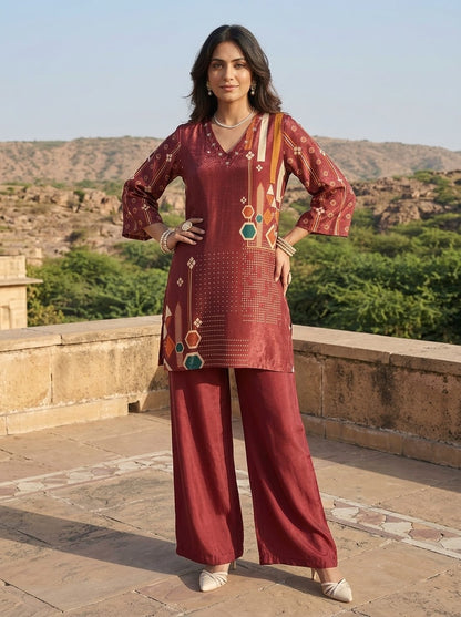 Maroon printed Muslin co-ord set with Pakistani-style flared sleeves and wide-leg pants