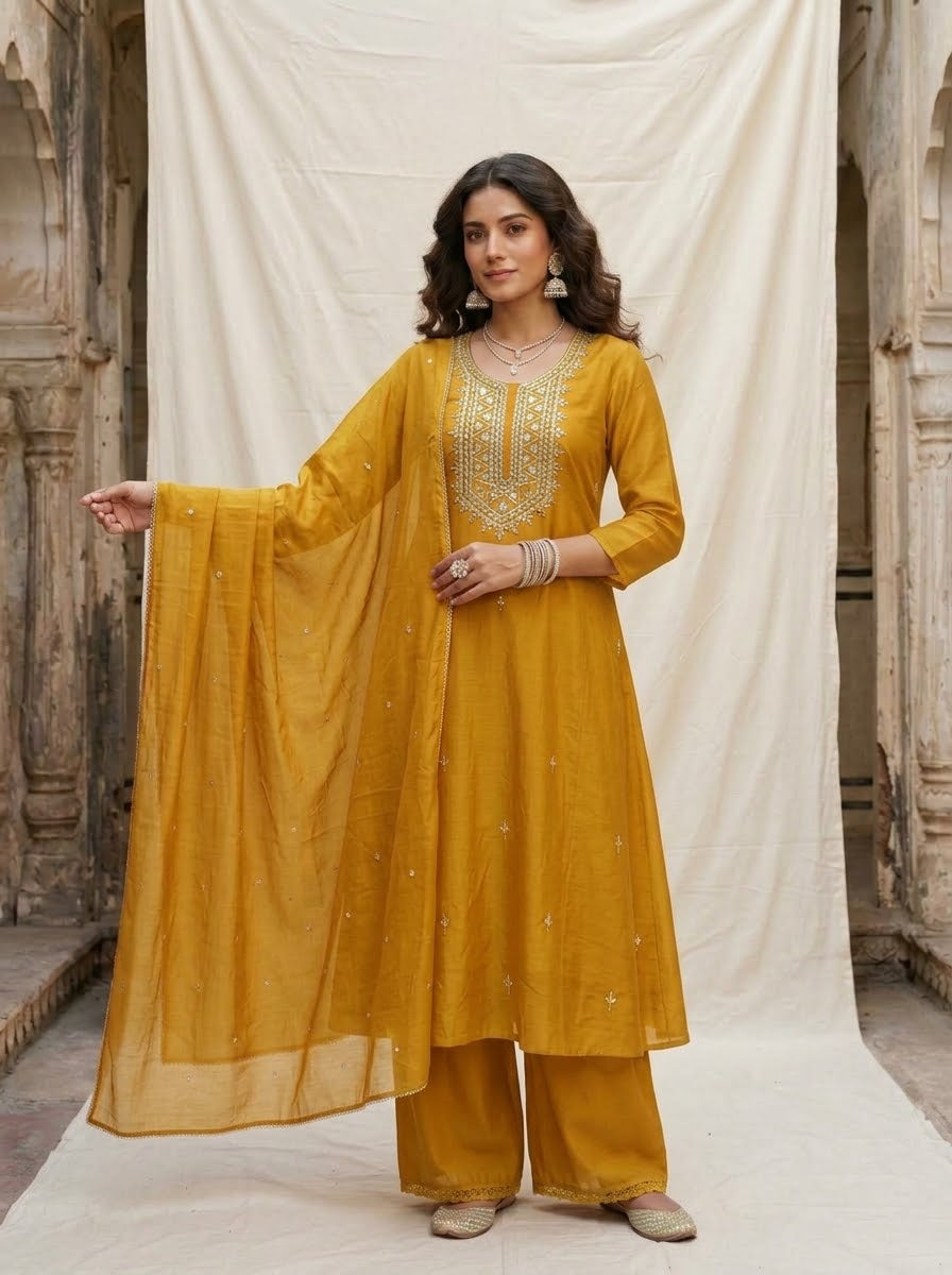 Banarasi Mul Chanderi 3-piece suit set with mirror work A-line kurta, pants and dupatta