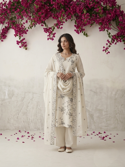 White cotton floral Petal printed kurta set which includes kurta, dupatta and pants 