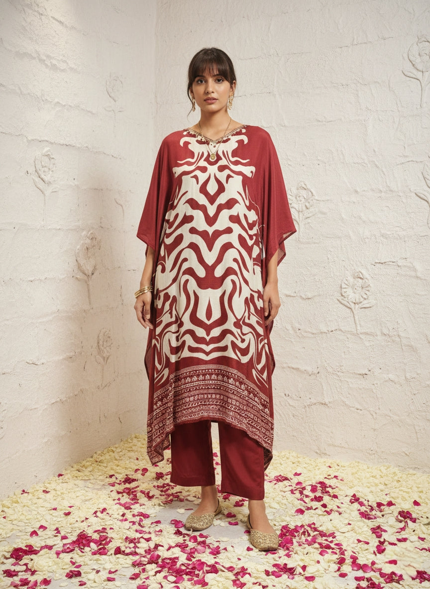 Marbel Muslin Kaftan Set - maroon