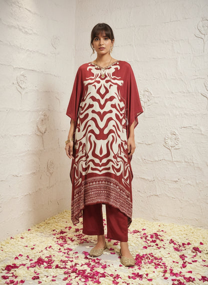 Marbel Muslin Kaftan Set - maroon