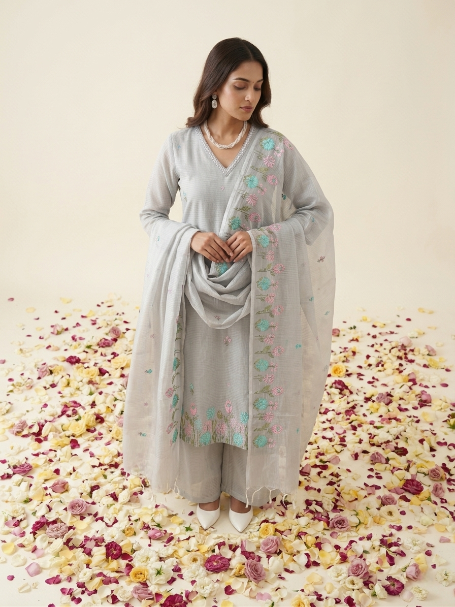 Blue Kota Doria kurta set with floral embroidery and matching dupatta