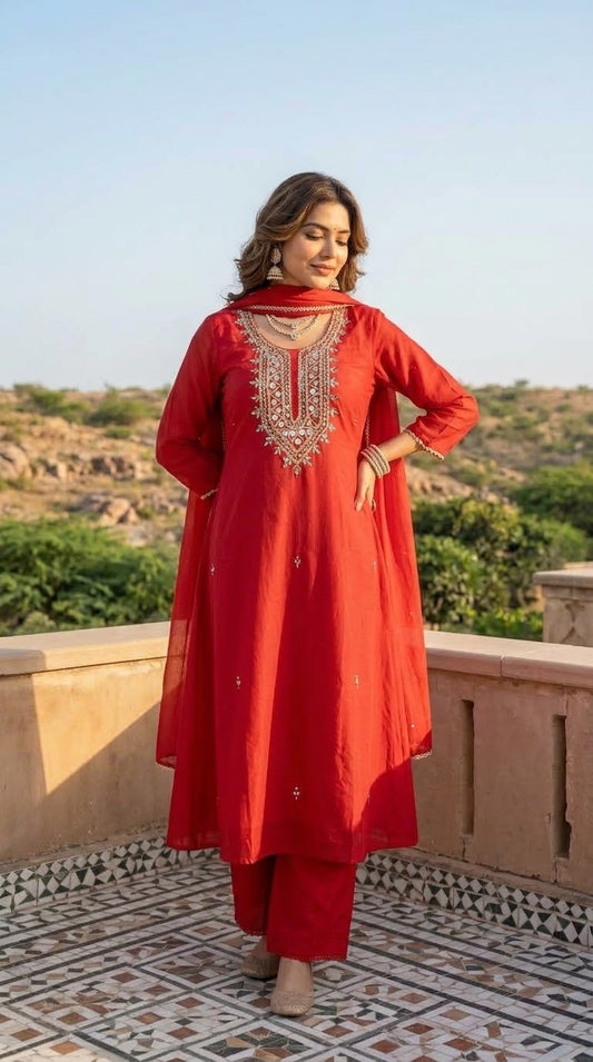 Banarasi Mul Chanderi 3-piece suit set with mirror work A-line kurta, pants and dupatta